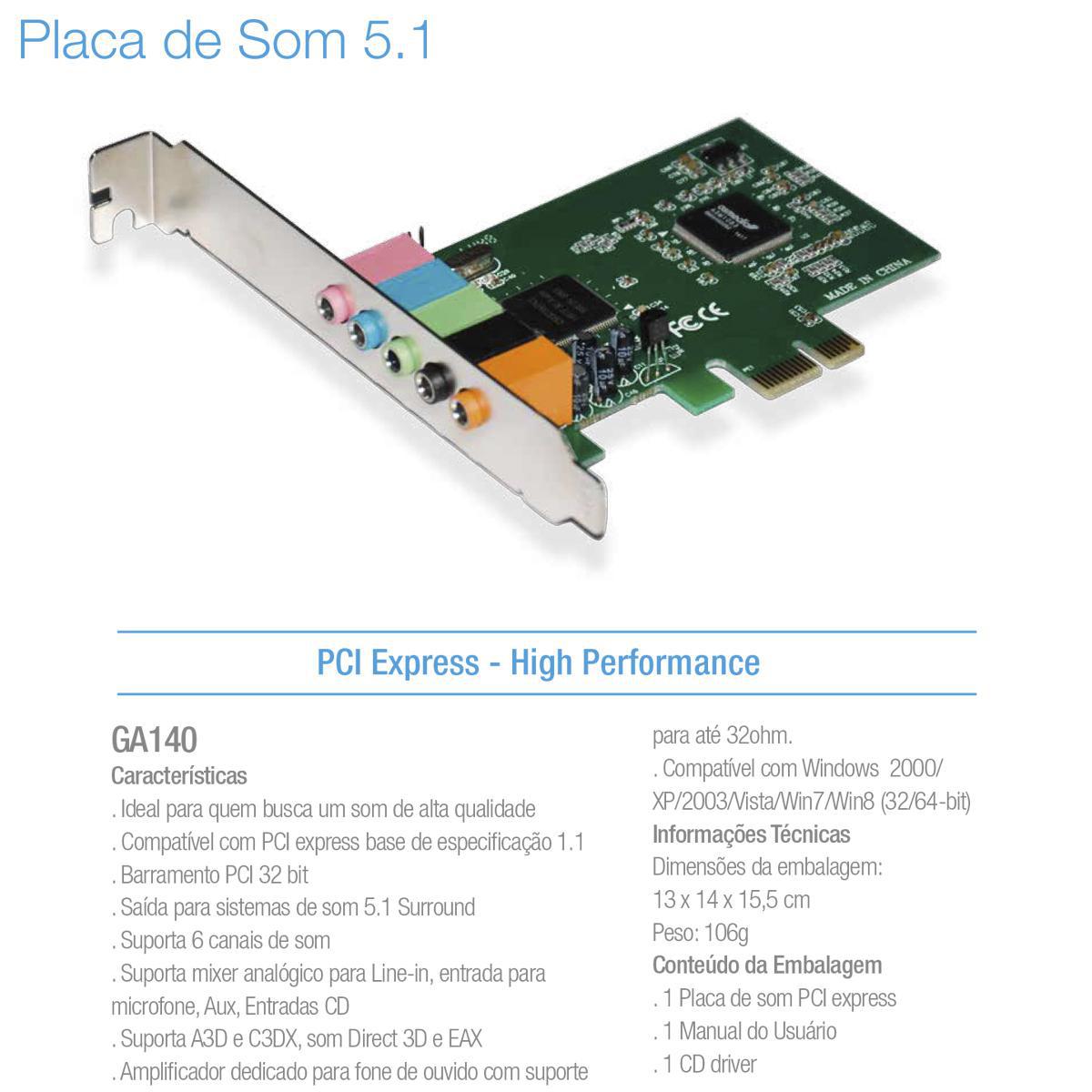 Miniatura Placa De Som Saída De Áudio 5.1 Pci Express Multilaser Ga140