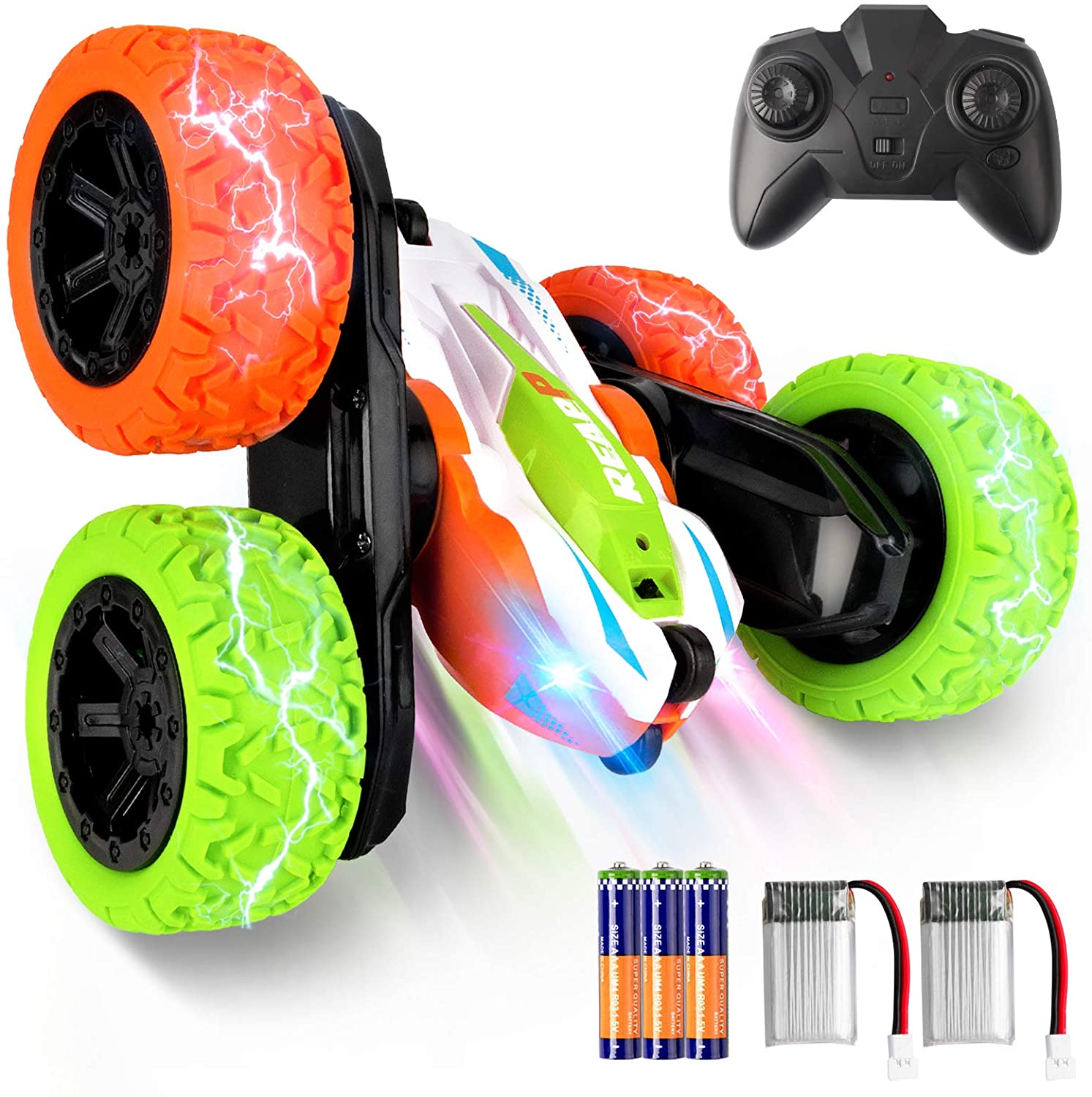 Miniatura REAPP Carrinho de Controle Remoto 24 Ghz 4WD Dupla Face 360 com 2 Baterias Recarregáveis Laranja