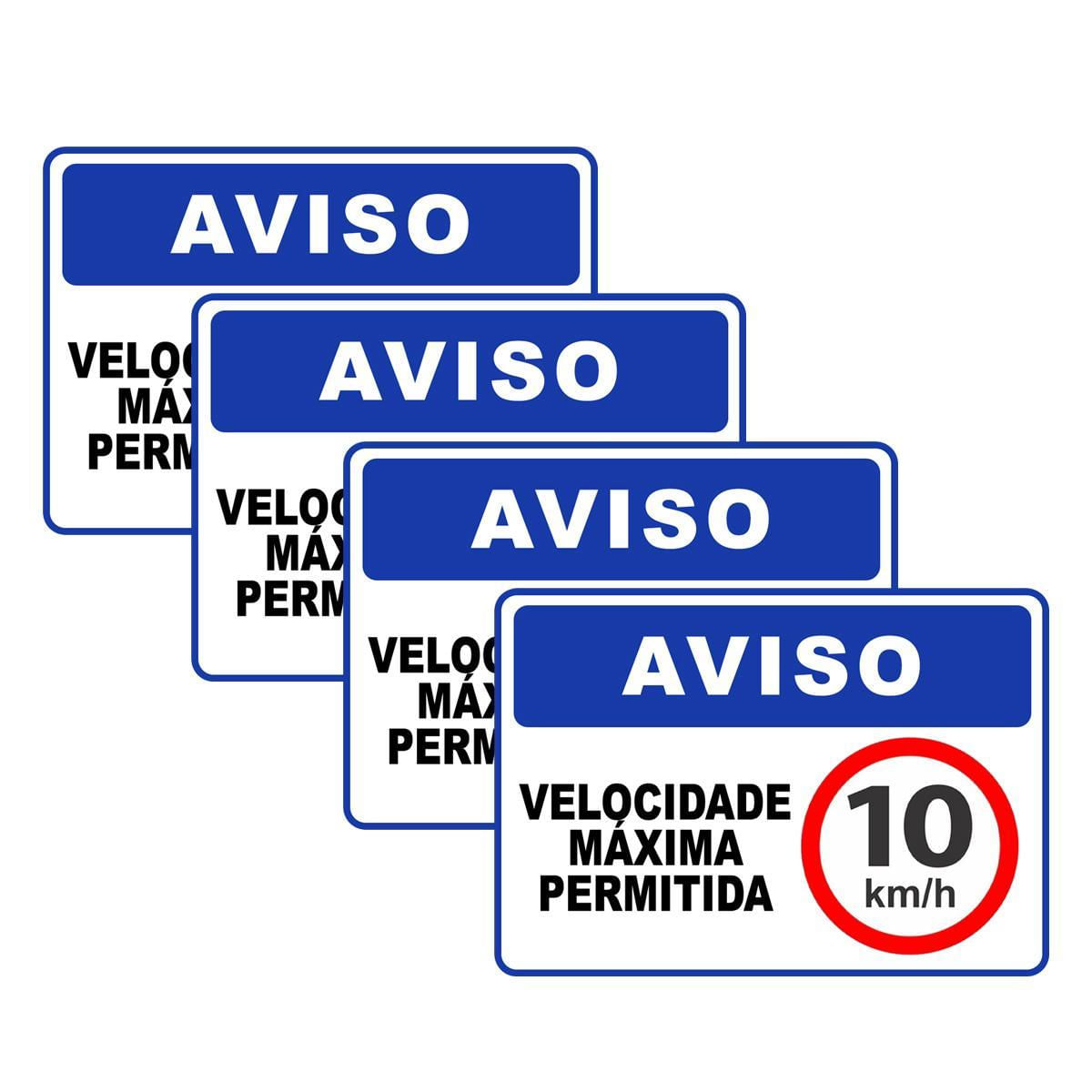 Miniatura Kit 4 Placa Aviso Velocidade Máxima 10Km/H 30Cmx20Cm Pvc