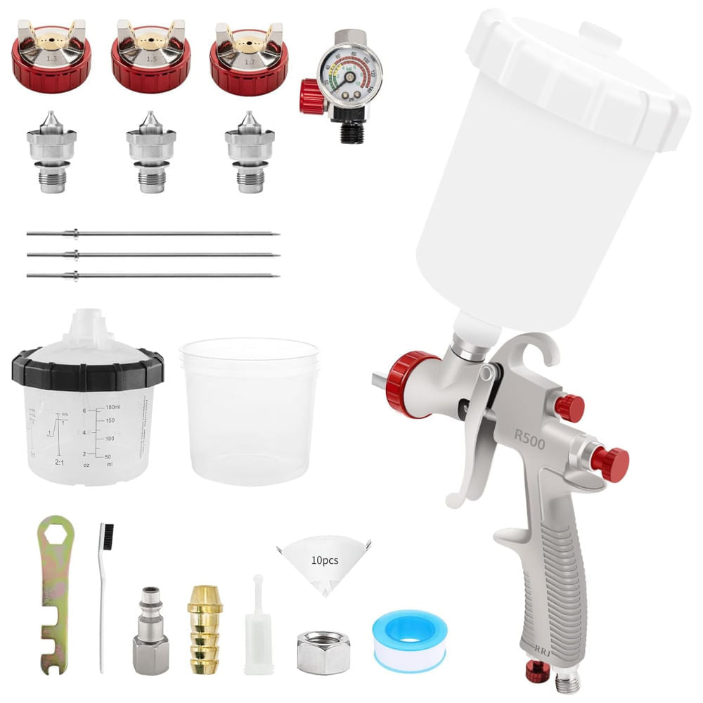 Miniatura Pistola de Tintura Kit Premium Pistola LVLP R500: Com bicos 1,3/1,5/1,7 mm, regulador de ar, copos de 600 ml e 160 ml, ideal para pintura,RRJ.