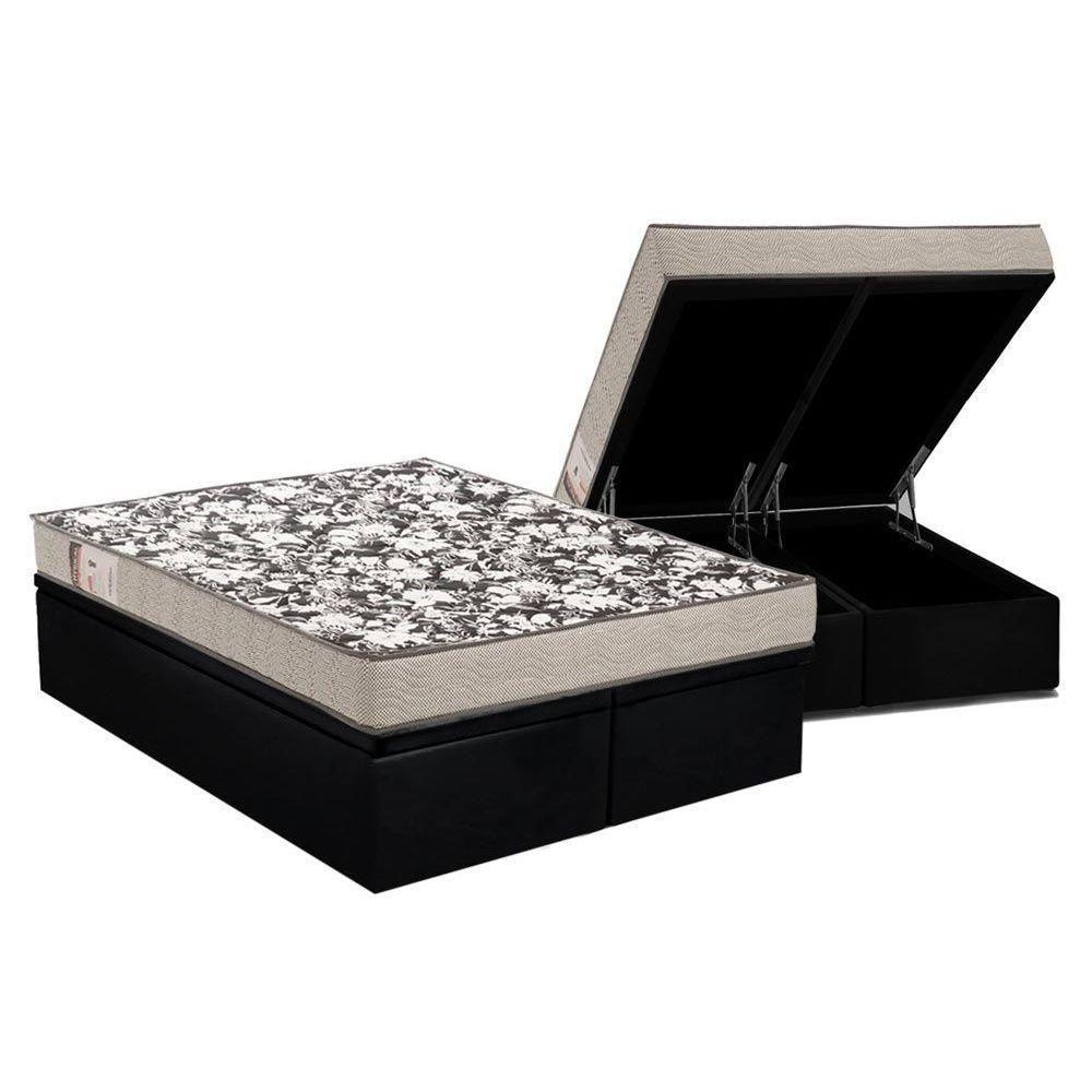Miniatura Cama Box Baú Queen: Colchão Espuma Ortobom D26 Physical Ultra Resistente + Base Black(158X198)