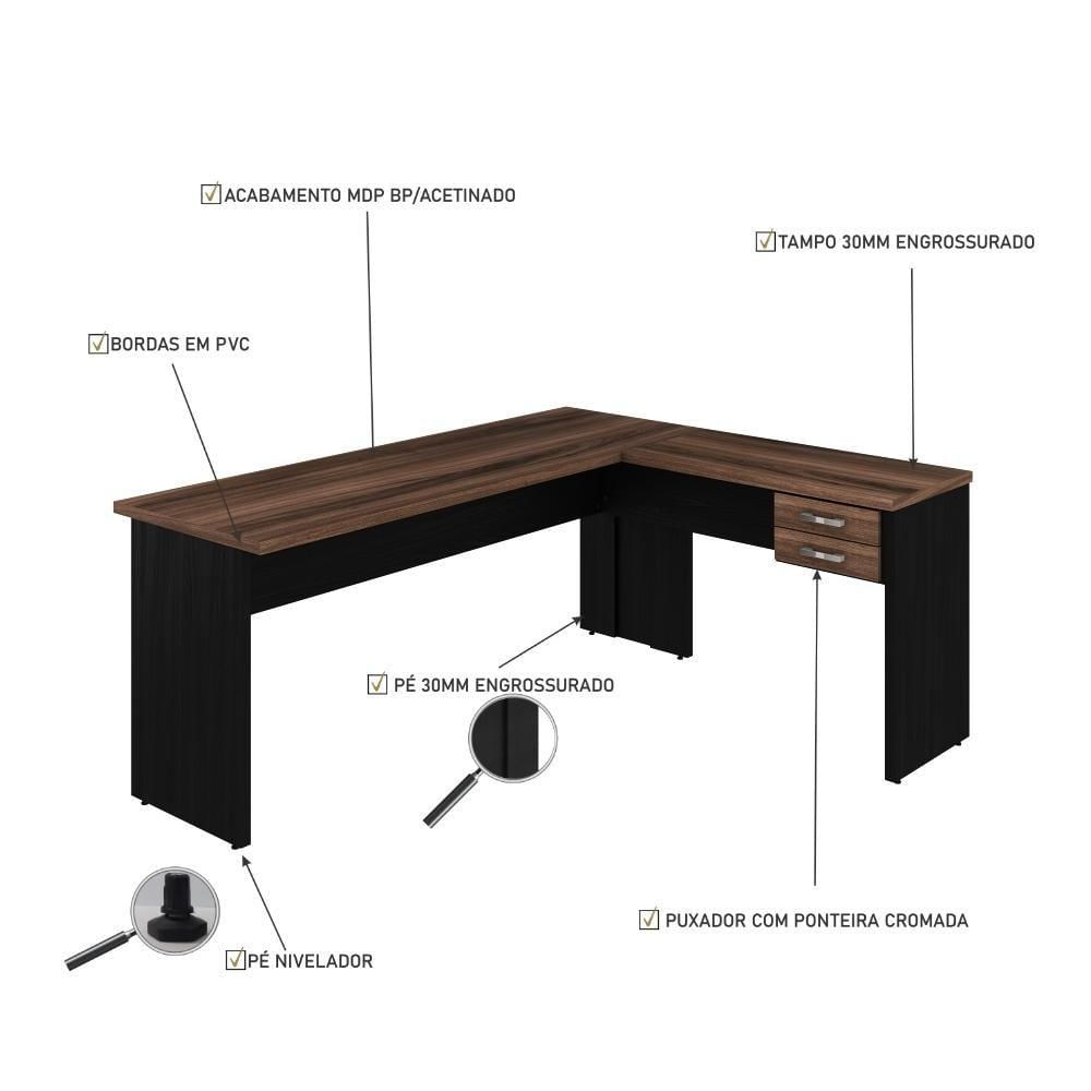 Miniatura Mesa Para Escritório Em L 1,80x1,60m Tampo E Pés 30mm Com Gaveta Nogal Compreto Ônix