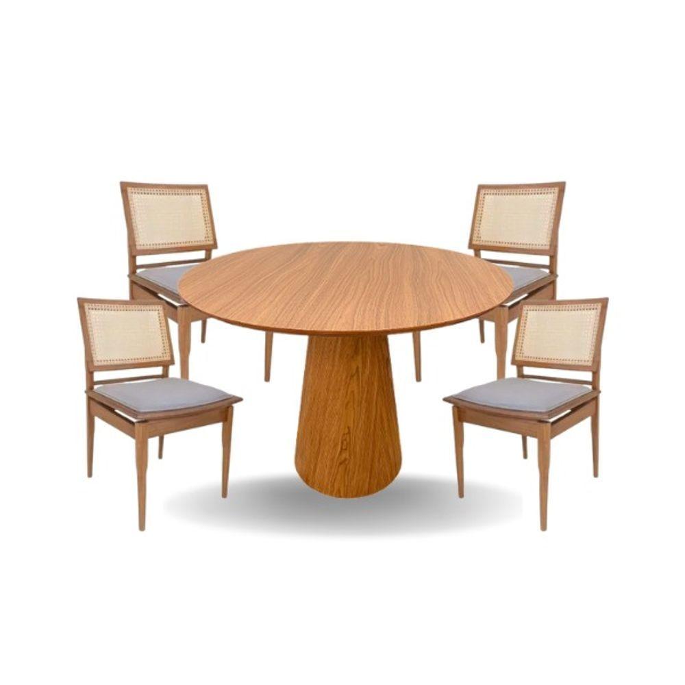 Miniatura Conjunto Mesa De Jantar Cone 110 Cm Freijó Com 4 Cadeiras Madeira Maciça Tela Sextavada E Assento Em Linho Cor Marrom