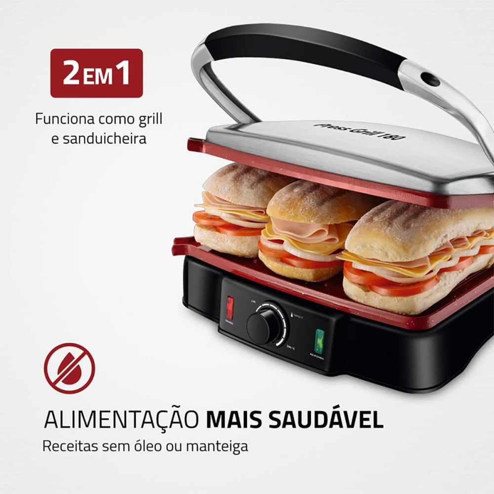 Miniatura Grill e Sanduicheira Premium PG-02 Preto/Inox 1800W S-07 Mondial 127V