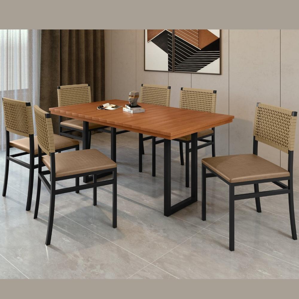 Miniatura Conjunto Itália Tampo Ripado Eucalípto 160x90cm com 6 Cadeiras Madri Preto/Bege