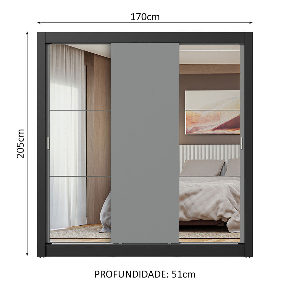 Guarda-Roupa Casal 3 Portas de Correr com Espelhos Preto/Cinza Nobre Madesa Cor:Preto/Cinza