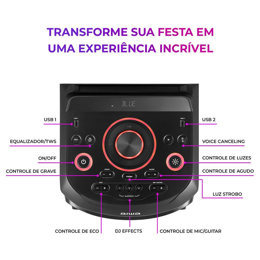 Miniatura Torre de Som 2200W RMS 2 Woofers 10 USB Rádio FM AWS-T2W-01 Aiwa 04893-24-16647 - Preto - Bivolt