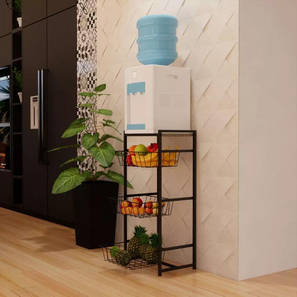 Miniatura Fruteira 3 Cestos Cozinha Preto Em Aço Base Amadeirado