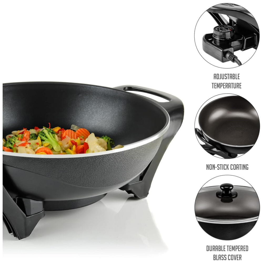 Miniatura Panela Wok Elétrico OVENTE 33cm com Revestimento Antiaderente, Ideal para Família, 1400W de Potência, Controle de Temperatura, Tampa de Vidro, Prático