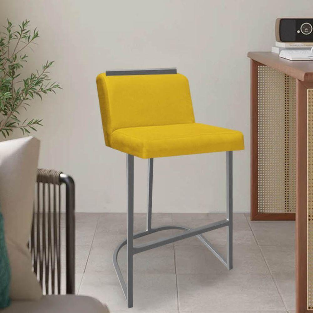 Miniatura Banqueta Com Encosto Nynna Luxo Confort Bistrô Cozinha Ferro Cinza Suede Amarelo - Amey Decor