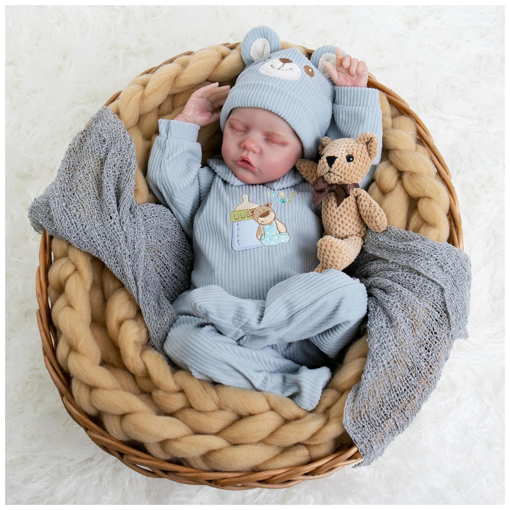Miniatura Bebê Recém-Nascido Newborn, Boneca Bebê Renascida Aori Menino 45 Centímetros Realista Dormindo, Corpo de Pano Macio Feito à Mão.