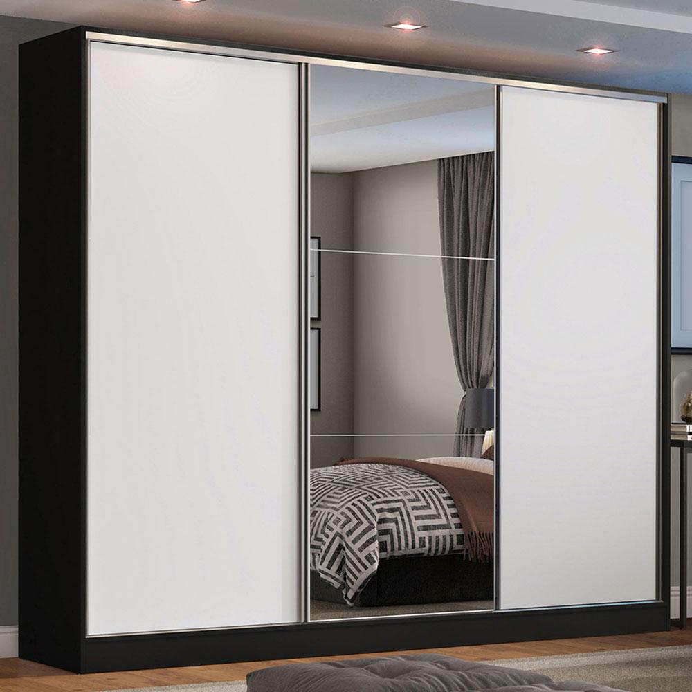 Miniatura Guarda Roupa Casal 100% MDF Madesa Zurique 3 Portas de Correr com Espelho - Preto/Branco Preto/Branco