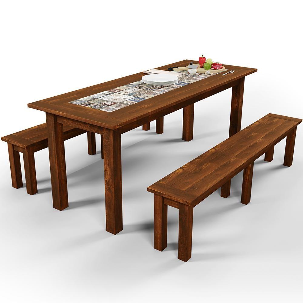 Miniatura Mesa De Jantar Com Cerâmica Rústica 02 Bancos De Madeira Maciça Pinus 120cm W02 Imbuia - Lyam Decor