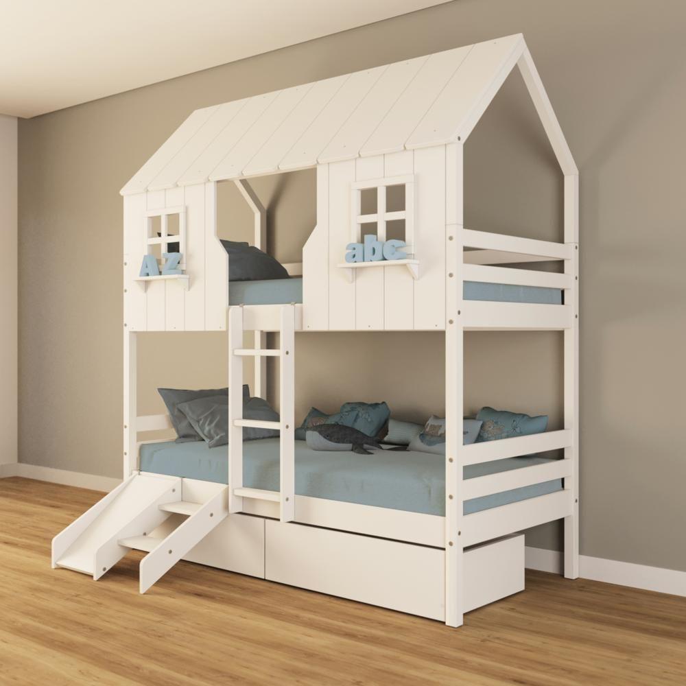Miniatura Beliche Casinha Encantada Com 02 Gavetas Kit Escada/ Escorregador Madeira Maciça Branco Housin