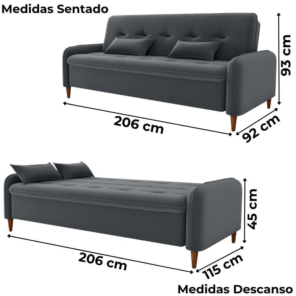 Miniatura Sofa Cama 2 Lugares 206cm Donna Veludo E425 Milani Store Cinza