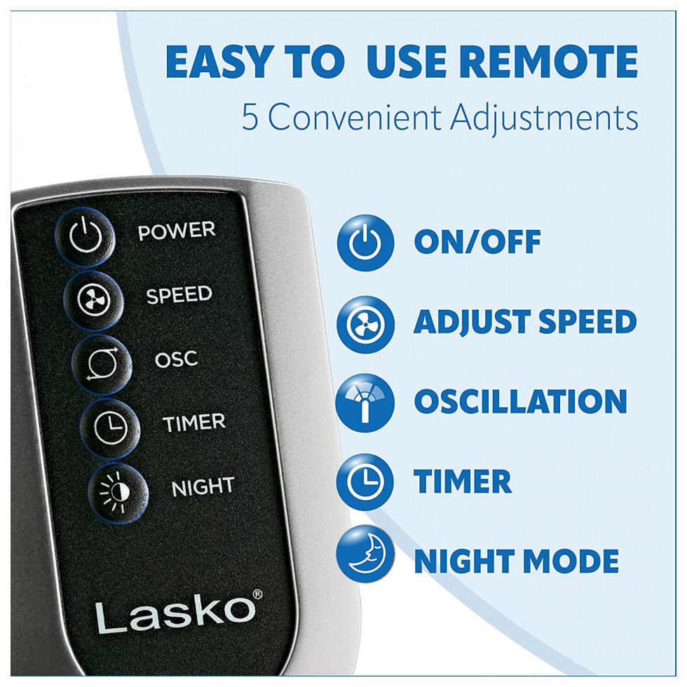 Ventilador de Torre Lasko T42951 com 3 Velocidades, Controle Remoto e Silencioso, 110V, Preto