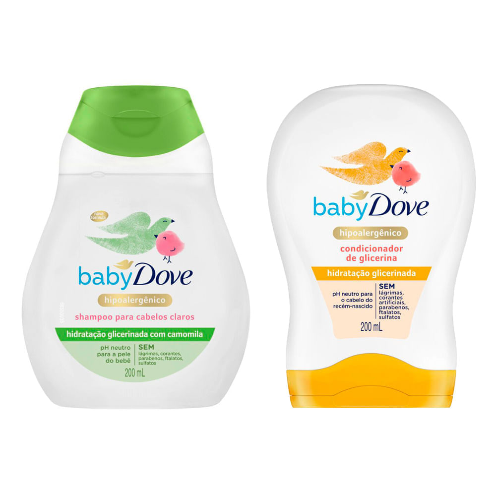 Miniatura Kit Shampoo Dove Baby Hidratação Enriquecida Cabelos Claros 200ml e Condicionador Dove Baby Hidratação Glicerinada 200ml