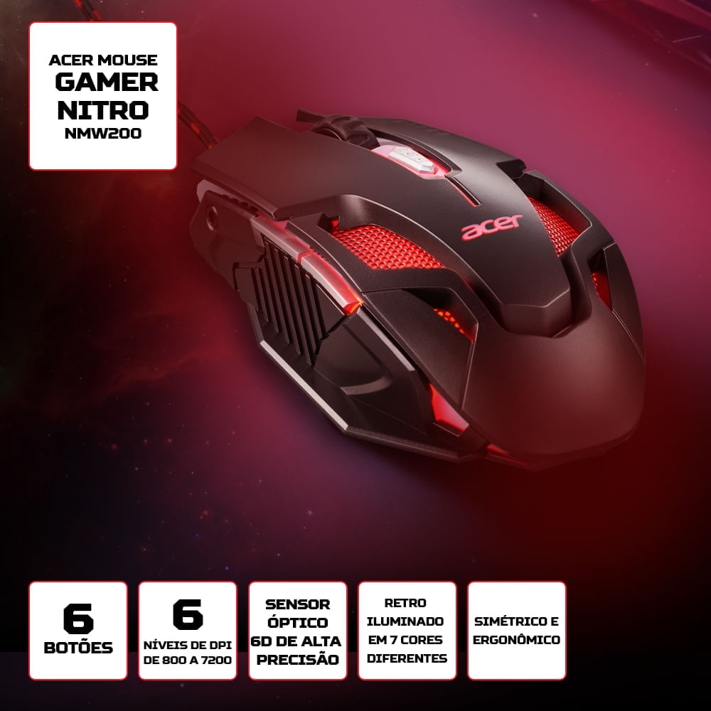 Mouse Gamer Óptico Acer Nitro NMW200 Gen 2LED Retroiluminado em 7 cores 6 botões 7200 DPI 125 MHz USB
