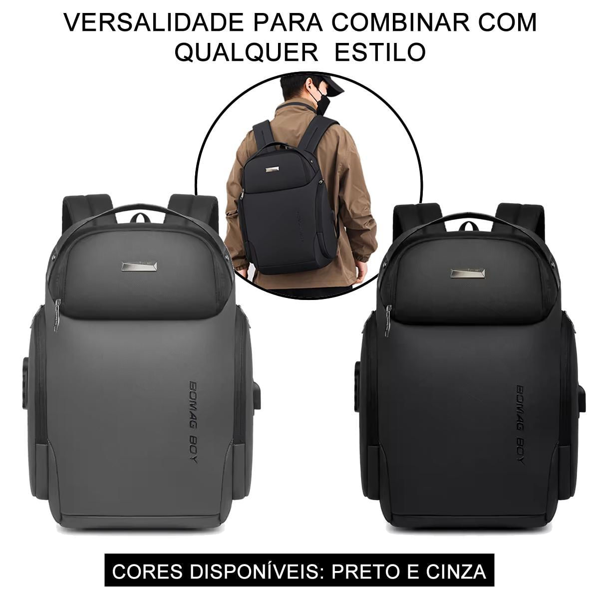 Mochila Antifurto Usb Trava De Zíper Impermeável - Cinza