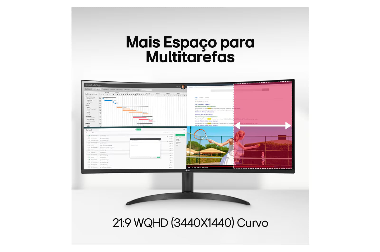 Monitor LG UltraWide™️ Curvo – Tela VA de 34”, WQHD 3440 x 1440, 21:9, sRGB 99%, HDR10, PBP, 100Hz, AMD FreeSync™️ - 34WR50QC-B Preto - 34WR50QC-B