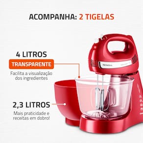 Miniatura Batedeira Mondial Premium Bella Massa Inox B-29 NP com 4 Velocidades e 500W – Vermelha 110V