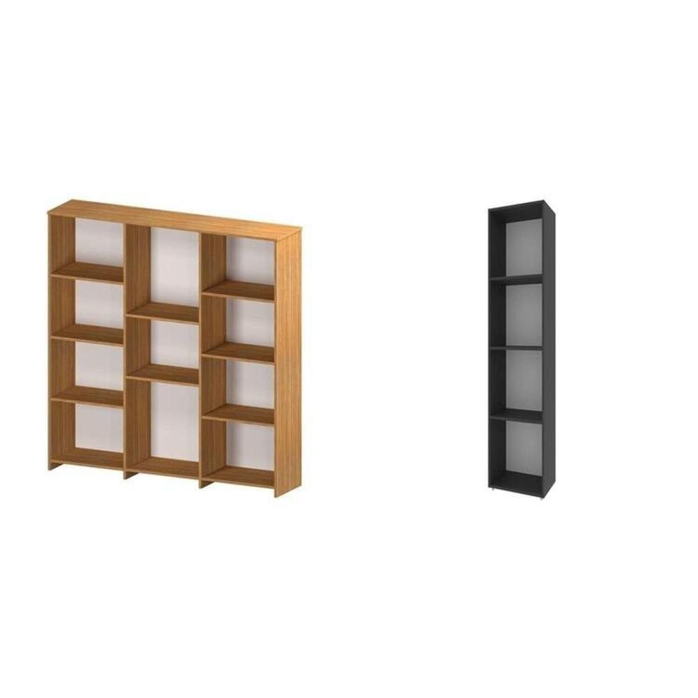 Miniatura Kit com 1 Estante Livreiro 11 Nichos Odelia e 1 Estante Modular 4 Nichos Calum Freijó/Preto