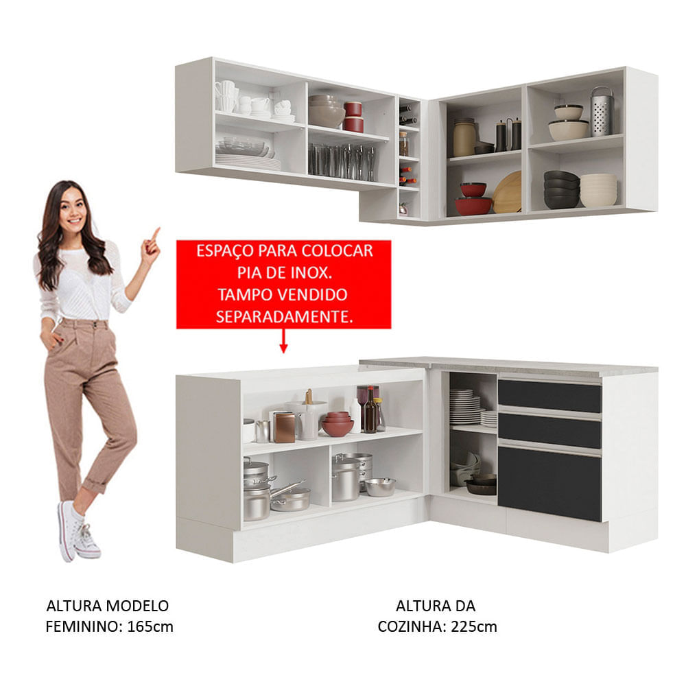 Cozinha Completa de Canto Madesa Glamy 329002 com Armário e Balcão (Sem Tampo e Pia) Branco/Preto Cor:Branco Preto