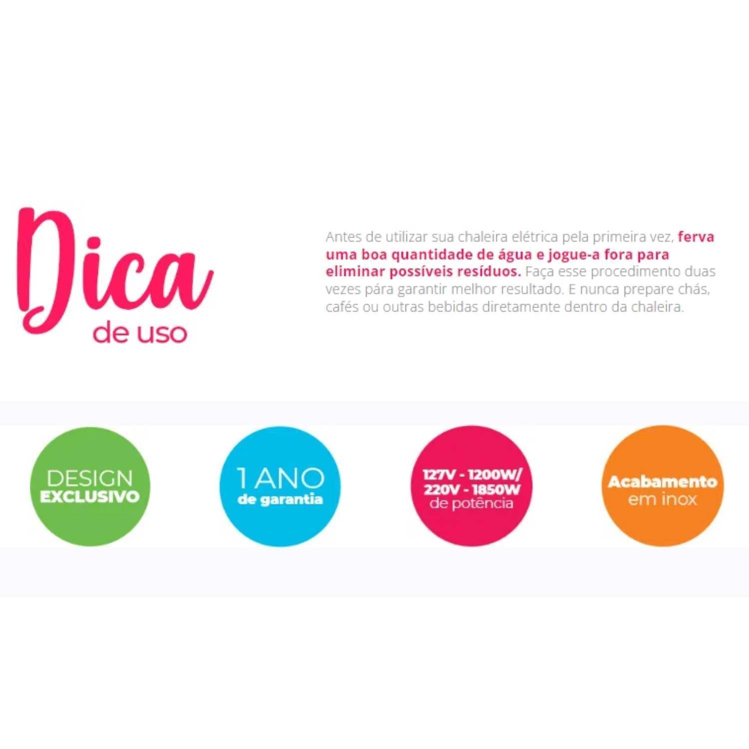 Chaleira Elétrica Automática Inox 1,9L 110V/220V Água Café