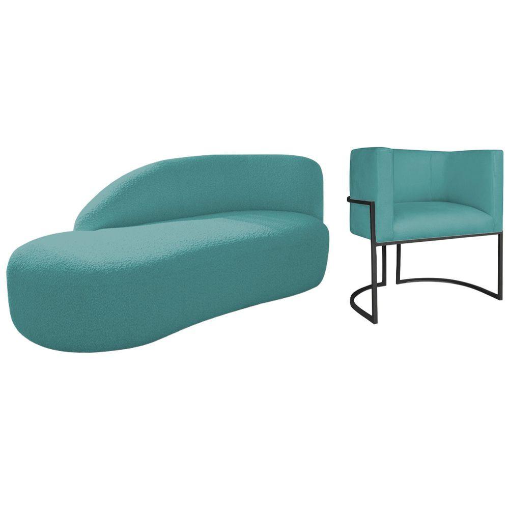 Miniatura Kit Divã Luna 140cm Lado Esquerdo E 01 Poltrona Base De Ferro Preto Suede Cor Azul Turquesa