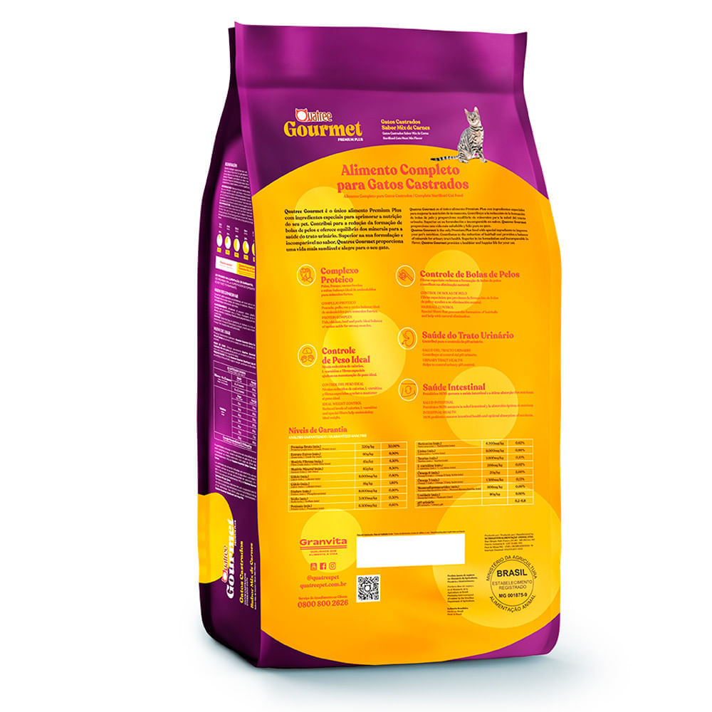 Miniatura Ração para Gatos Castrados Quatree Gourmet Premium Plus Sabor Mix de Carnes 10,1Kg