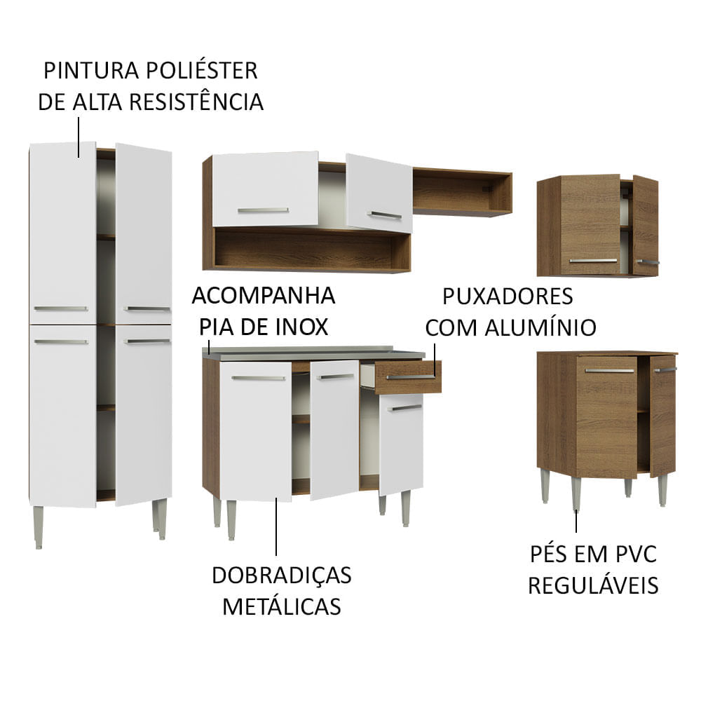 Armário de Cozinha Completa 293cm com Pia Rustic/Branco Emilly Madesa 08 Cor:Rustic/Branco