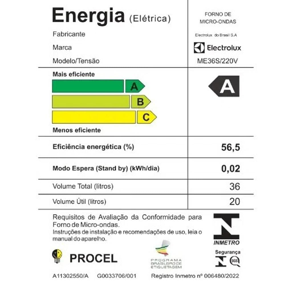 Micro-ondas Electrolux 36 Litros Efficient ME36S, Prata 110 Volts