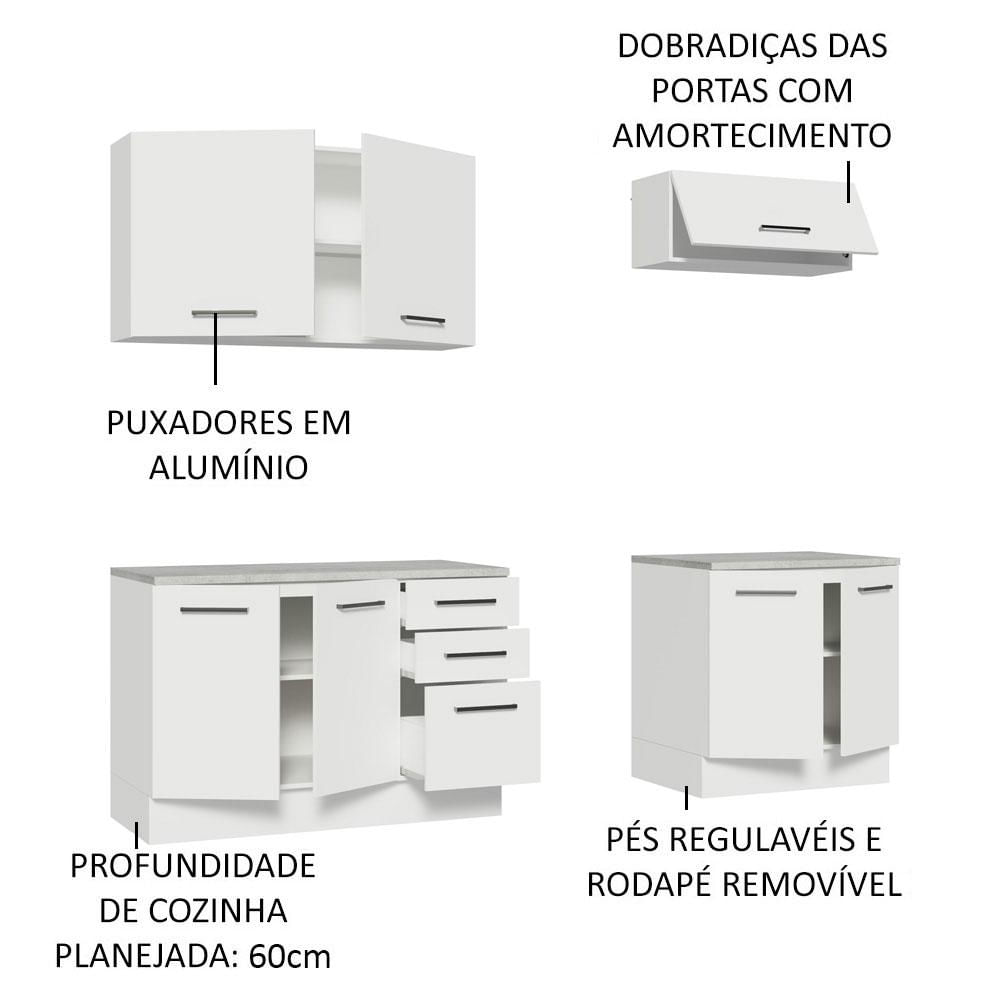 Miniatura Kit com 2 Balcões e 2 Armários Aéreos Multiuso 200cm Agata Madesa Branco