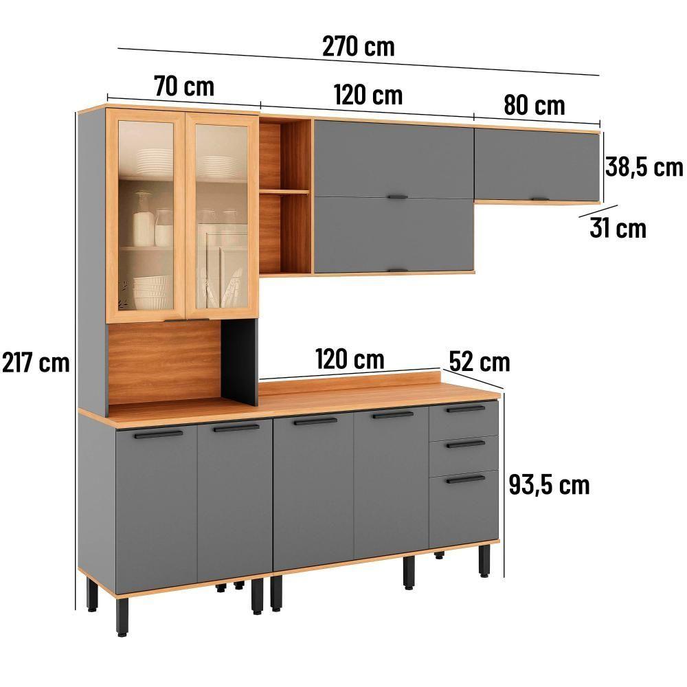 Miniatura Armário De Cozinha Castanha 2700mm Paneleiro E Balcão Com Vidro 4 Peças - Cinza/freijó