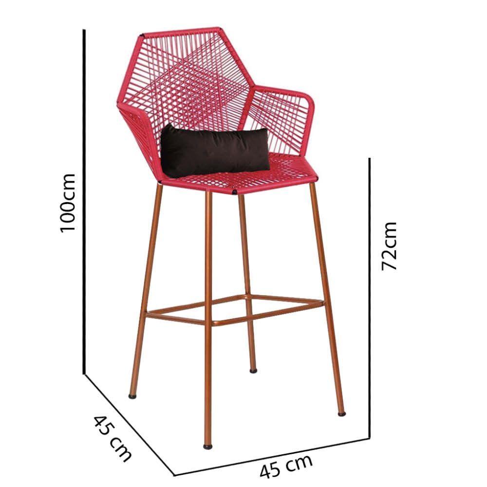 Miniatura Banqueta Alta Com Encosto Ferro Bronze Fibra Vermelho Almofada Corino Marrom