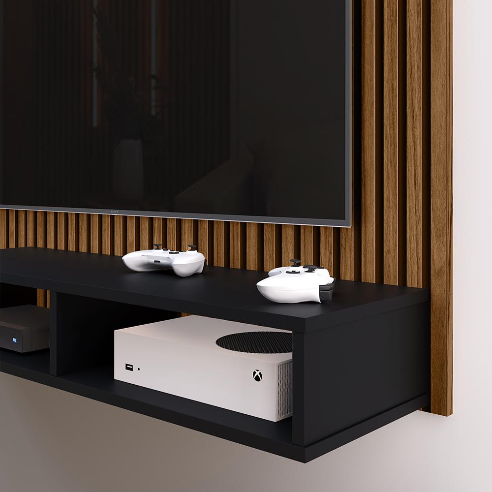 Miniatura Estante Painel Suspenso TV 48 Polegadas Nicho Organizador Prateleira Decorativa Sala Quarto Moderno Dubai Ripado/Preto- RPM Móveis