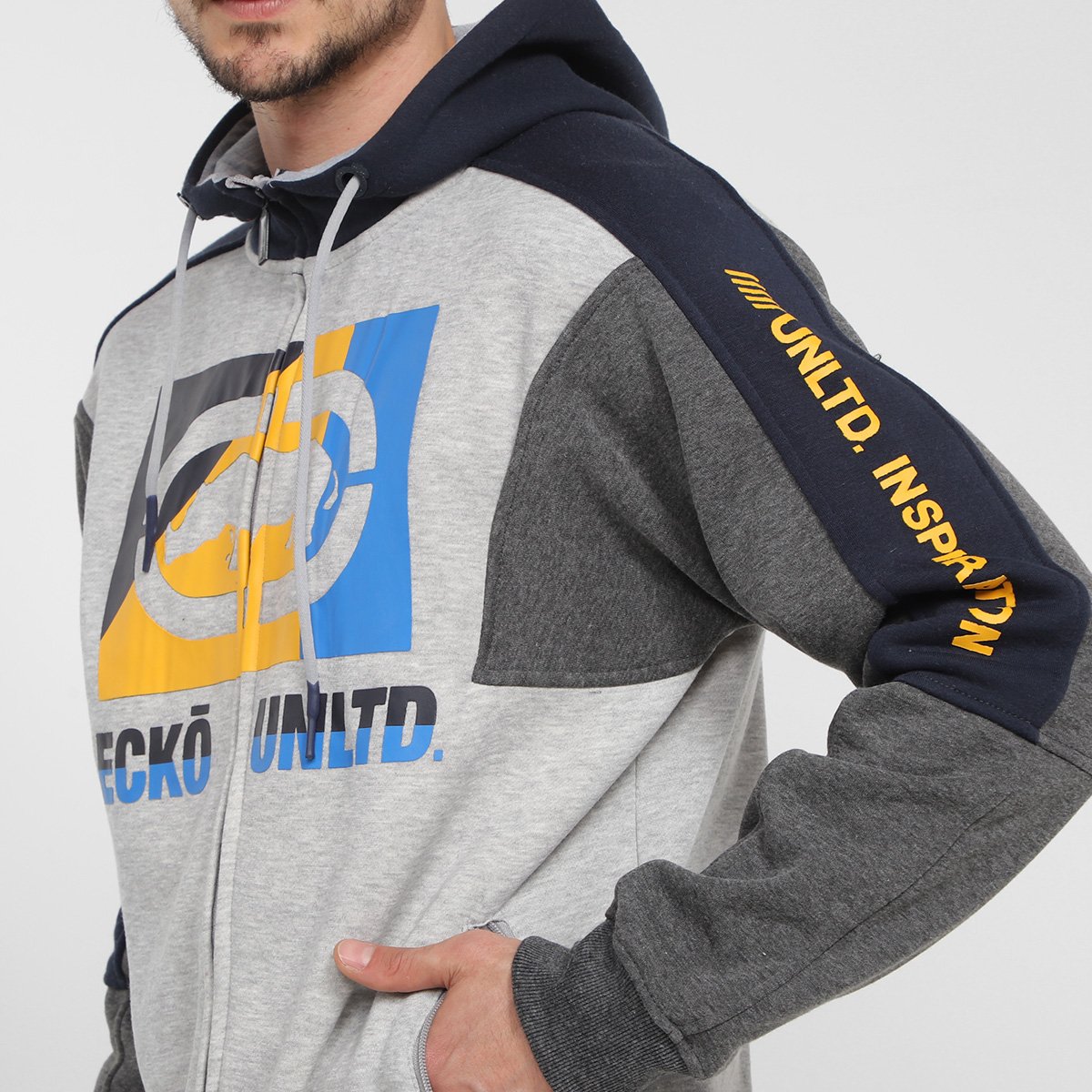 Miniatura Jaqueta Ecko Unltd Estampada com Capuz Masculina Gelo+Grafite - G