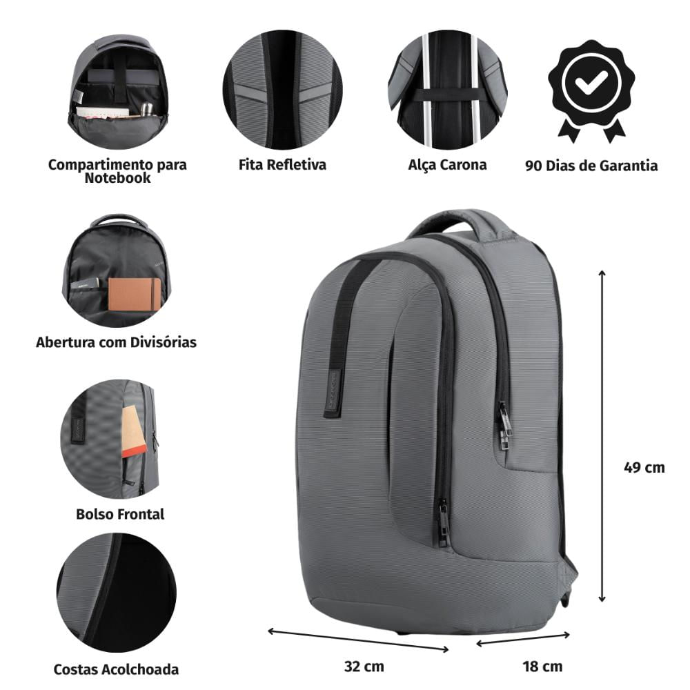 Miniatura Mochila Masculina Millenium para Notebook  Preta Cinza