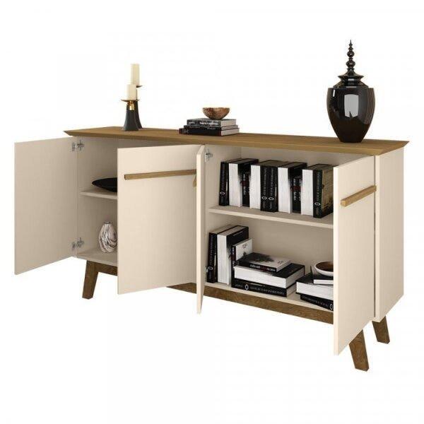 Miniatura Conjunto Painel Âmbar para TV até 65 Polegadas e Buffet Opala Pés de Madeira Móveis Bechara Off White/Cinamomo