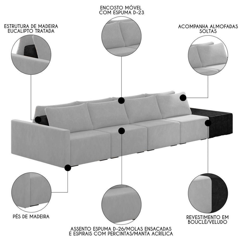 Sofá Ilha Modular Living Com Puff 392cm Georgia K04 Veludo Cinza/preto - Mpozenato