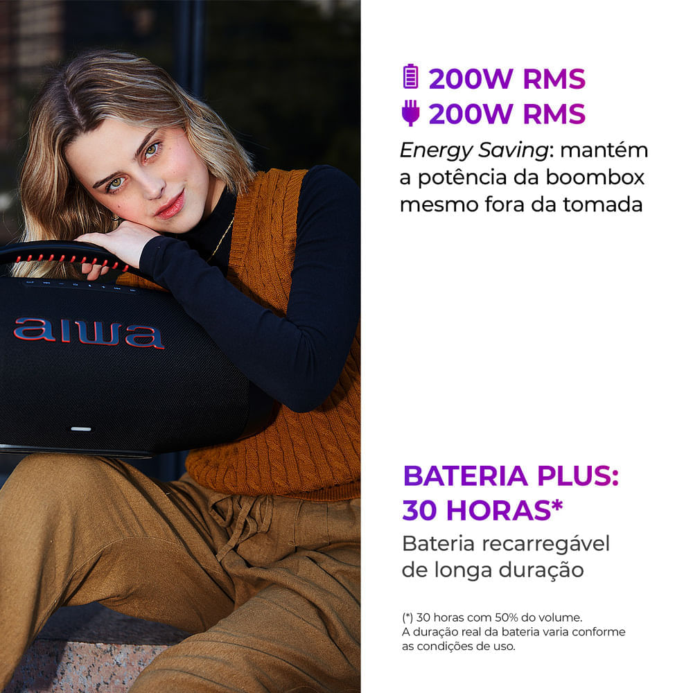 Caixa de Som Boombox Plus AIWA BBS-01-B 200W Bluetooth 30H IP66 USB Preto BOOMBOX AWS-BBS-01-B BIVOLT