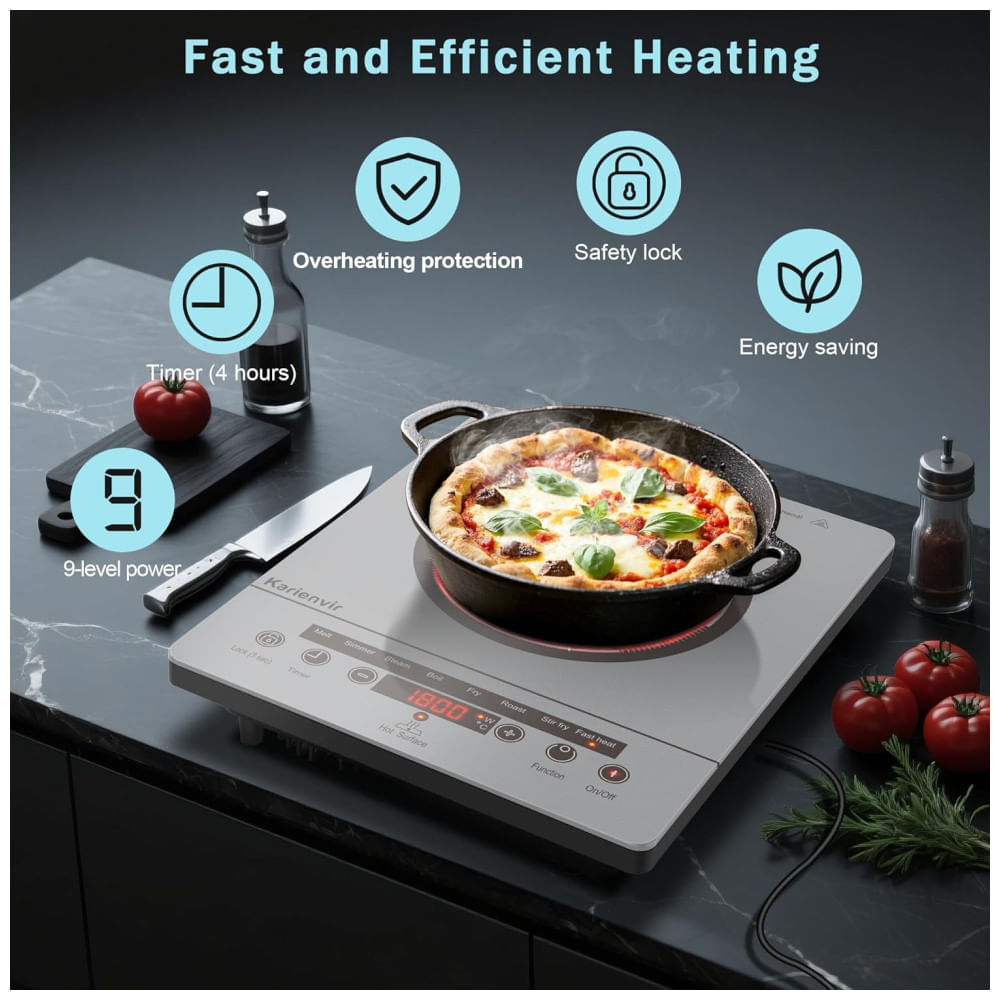 Miniatura Cooktop Elétrico de Uma Boca, Fogão Elétrico Portátil 110V, Controle por Toque, Trava de Segurança, Timer - Níveis de Potência, 1800W Cinza,Karienvir