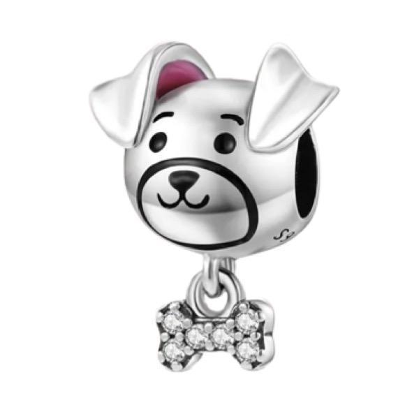 Miniatura Berloque Cachorrinho Osso Cravejado Joia Prata 925 Animais