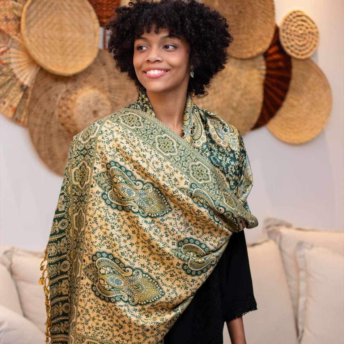 Miniatura Pashmina Estampada 100% Viscose Verde Escuro 70Cmx200Cm