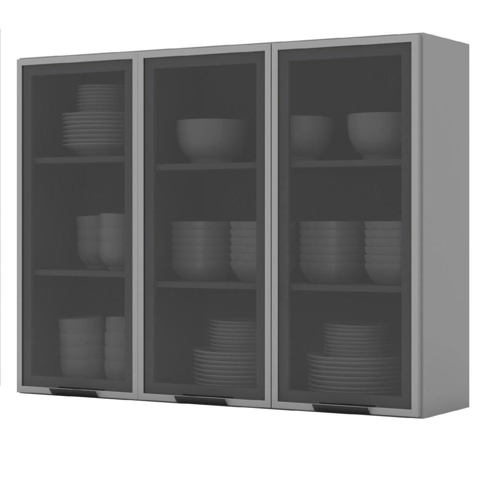 Miniatura Armário Aéreo para Cozinha 120cm 3 Portas com Vidro Ketlin Henn Cinza