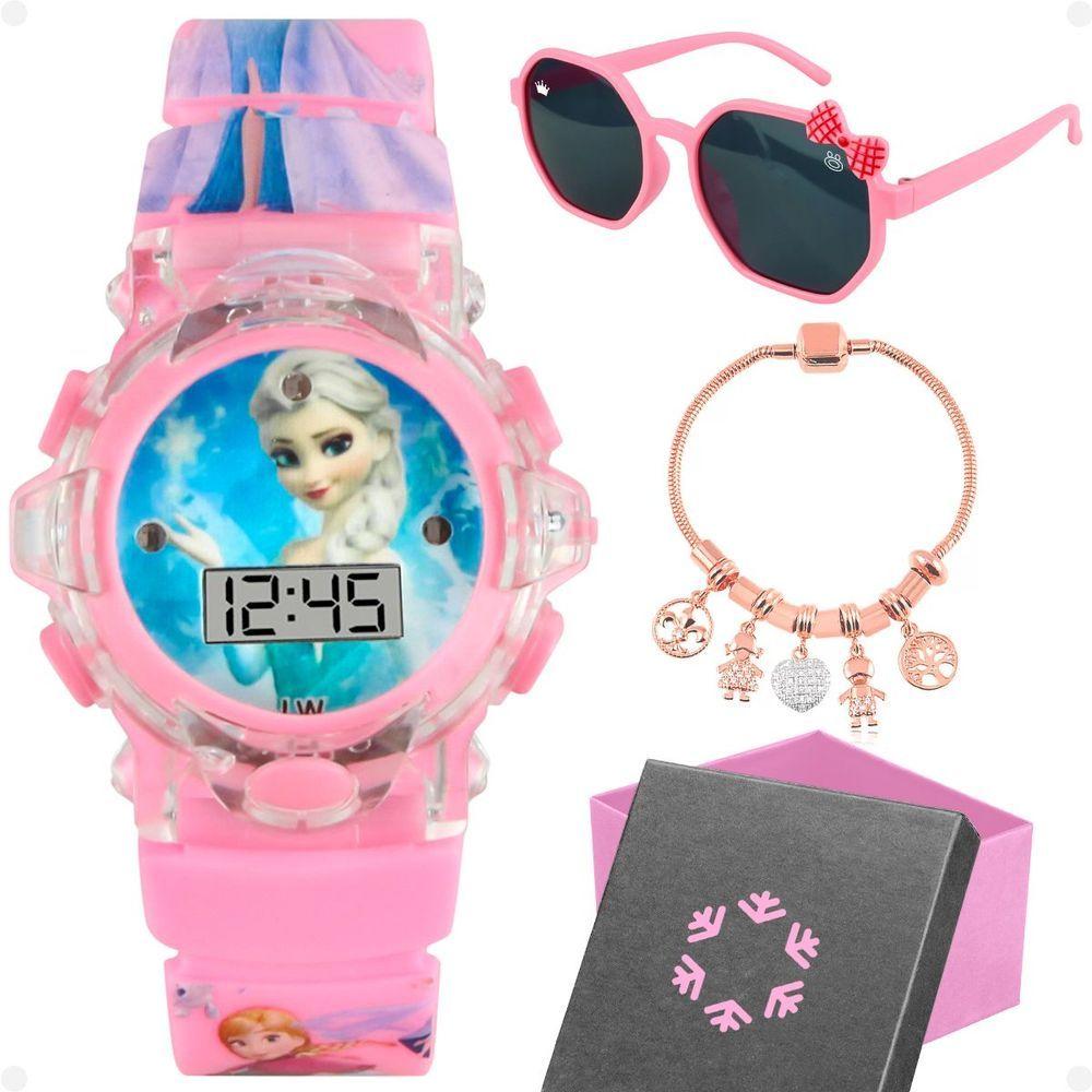 Miniatura Relogio Digital Rosa Menina Infantil + Pulseira + Oculos Sol Qualidade Premium Original Caixa Pink
