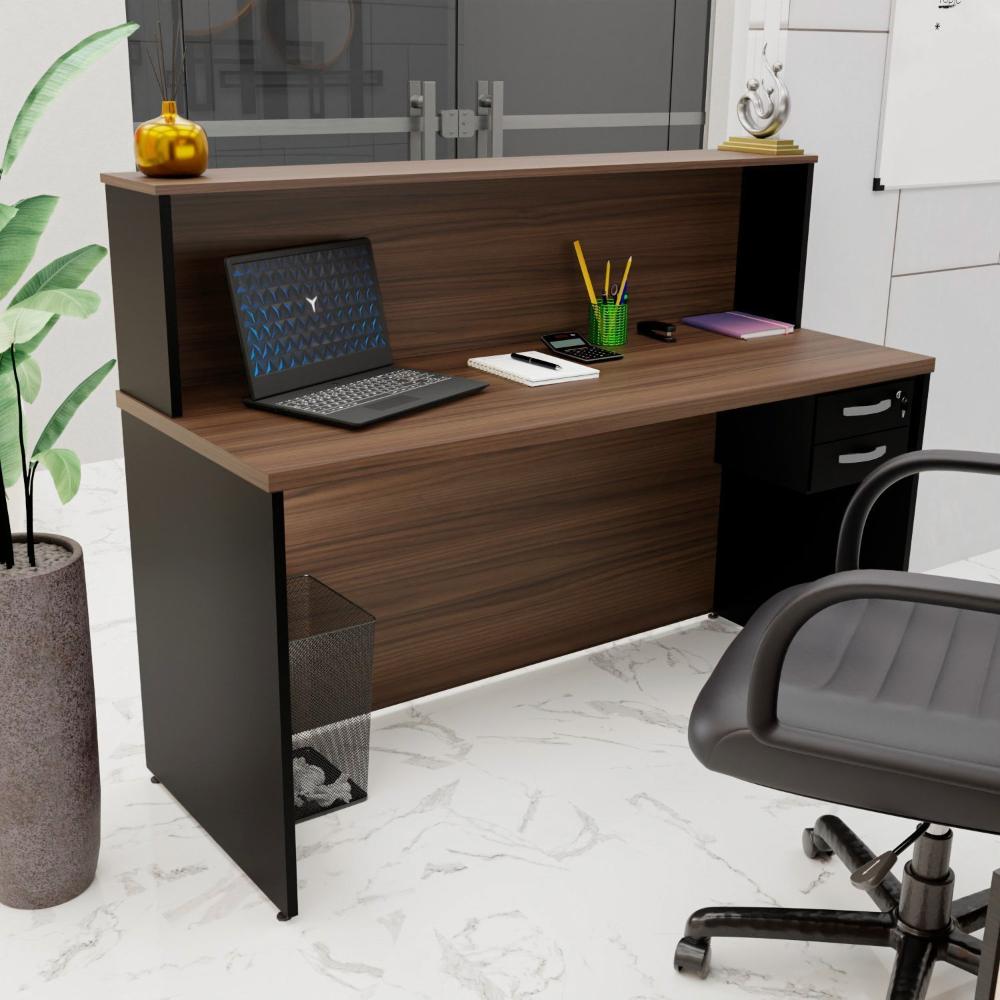 Miniatura Balcão Atendimento Recepção Consultório 140x60cm Com Gaveteiro Nogal