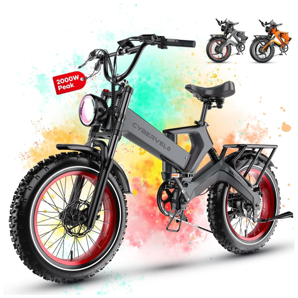 Miniatura Bicicleta Elétrica Dobrável Cybervelo 1000W de Pico 2000W para Adultos, 35MPH 160KM, Bateria Removível 48V 25Ah, Pneu Gordo 20" x 4.0, E-Bike de Monta