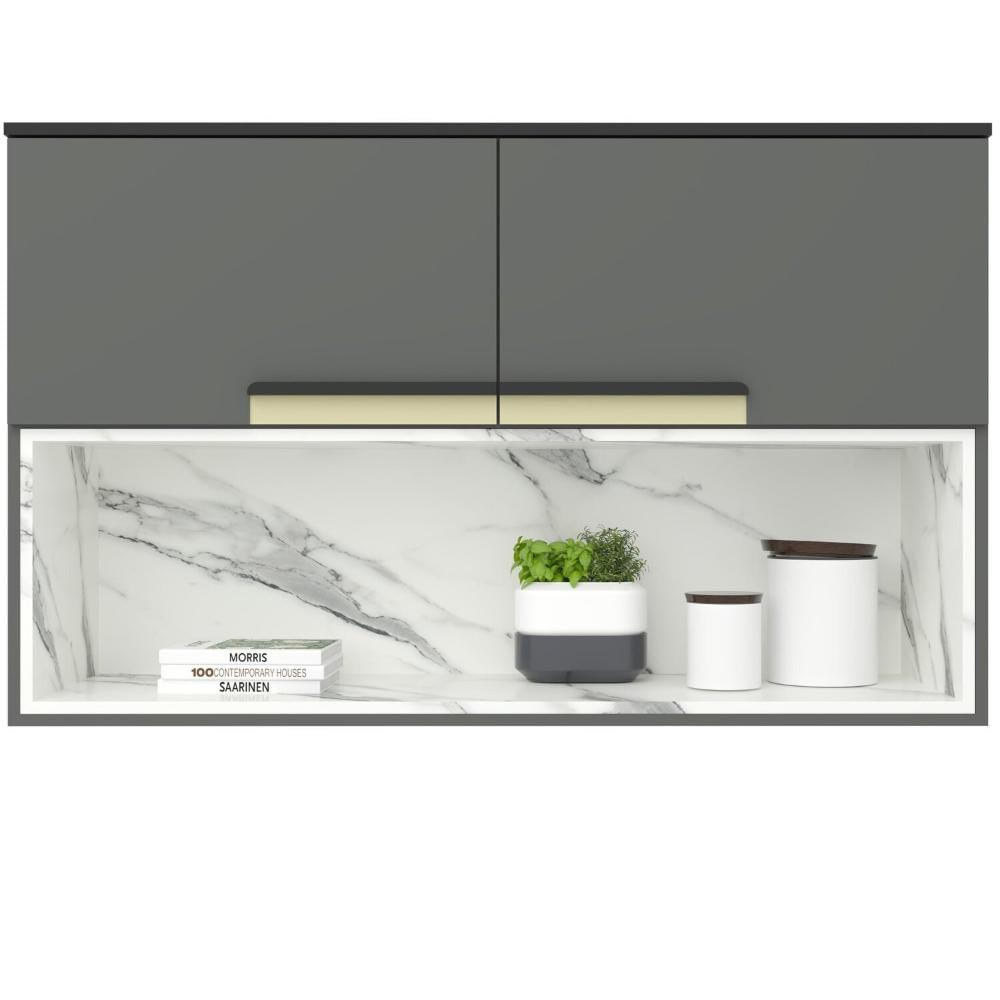 Armário Aéreo 120cm 2 Portas 1 Nicho Cozinha Flórida Grafite / Calacatta