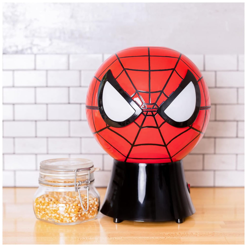 Miniatura Pipoqueira Elétrica com Tema Marvel Homem Aranha, Copo Medidor e Tampa que Vira Tigela de Servir, 110V, Uncanny Brands, Vermelha e Preta 110v